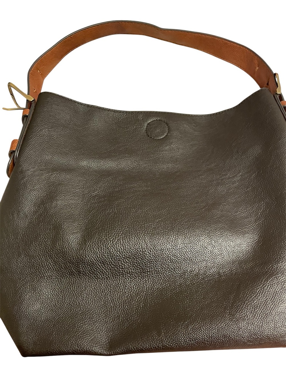 Women's Black Leather Bag w/brown strap and interior. 12”L X 16W. NWOT. - Picture 2 of 6